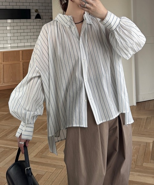 WILLFULLY(ウィルフリー)の「collar & cuffs triple layered over SH(シャツ/ブラウス・レディース・ストライプ/イエロー/セージグリーン・FREE)」の5枚目の写真