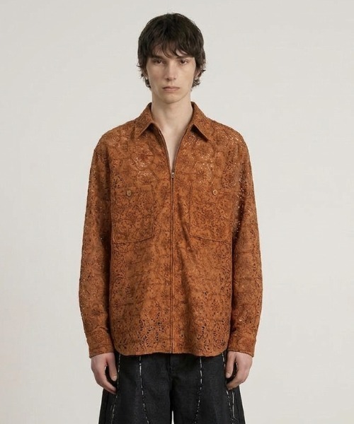 Forte(フォルテ)(フォルテ)の「lace shirt レースシャツ/総柄デザイン・フロントジップ仕様(シャツ/ブラウス・メンズ・ホワイト/ブラウン・M/L)」の2枚目の写真