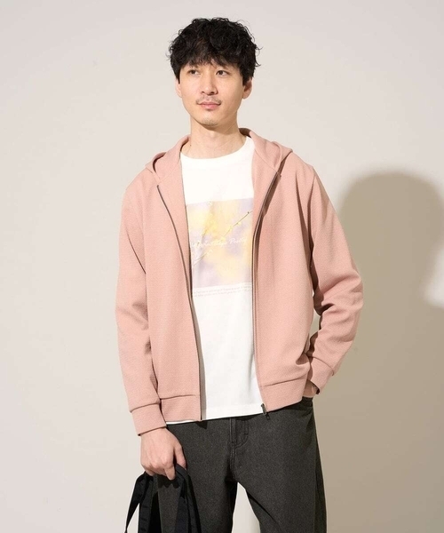 a.v.v(アーヴェヴェ)の「【イージーケア/洗濯機で洗える/毛玉になりにくい】ジャガードジップパーカー(カーディガン/ボレロ・メンズ・ピンク/ベージュ・46/48)」の1枚目の写真