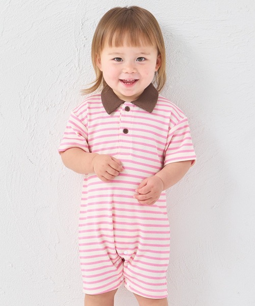 pairmanon（ペアマノン）の「【リンクコーデ】【さらっとワッフル】【ベビー】ボーダー ポロ 半袖ロンパース（ロンパース・キッズ・ブルー/ピンク/アイボリー・80/70）」の3枚目の写真