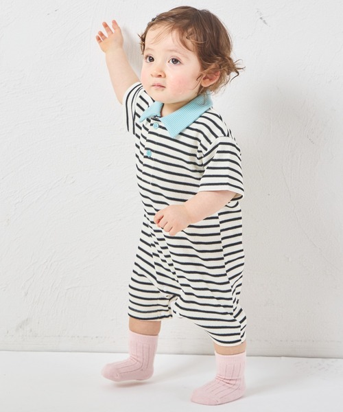 pairmanon（ペアマノン）の「【リンクコーデ】【さらっとワッフル】【ベビー】ボーダー ポロ 半袖ロンパース（ロンパース・キッズ・ブルー/ピンク/アイボリー・80/70）」の2枚目の写真