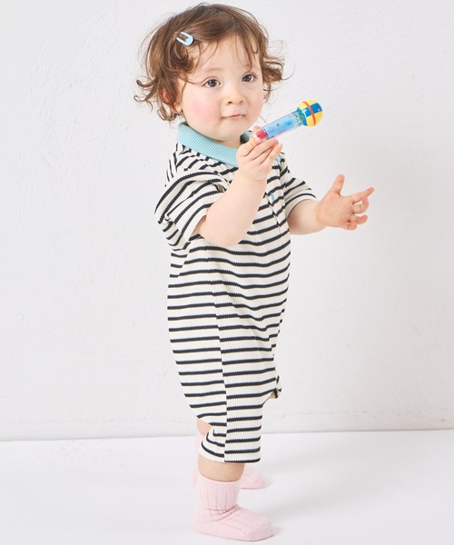 pairmanon（ペアマノン）の「【リンクコーデ】【さらっとワッフル】【ベビー】ボーダー ポロ 半袖ロンパース（ロンパース・キッズ・ブルー/ピンク/アイボリー・80/70）」の4枚目の写真