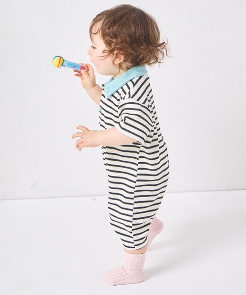 pairmanon（ペアマノン）の「【リンクコーデ】【さらっとワッフル】【ベビー】ボーダー ポロ 半袖ロンパース（ロンパース・キッズ・ブルー/ピンク/アイボリー・80/70）」の5枚目の写真