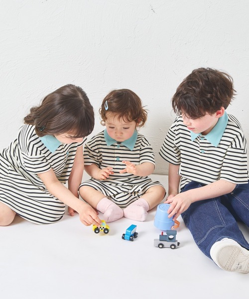 pairmanon（ペアマノン）の「【リンクコーデ】【さらっとワッフル】【ベビー】ボーダー ポロ 半袖ロンパース（ロンパース・キッズ・ブルー/ピンク/アイボリー・80/70）」の8枚目の写真