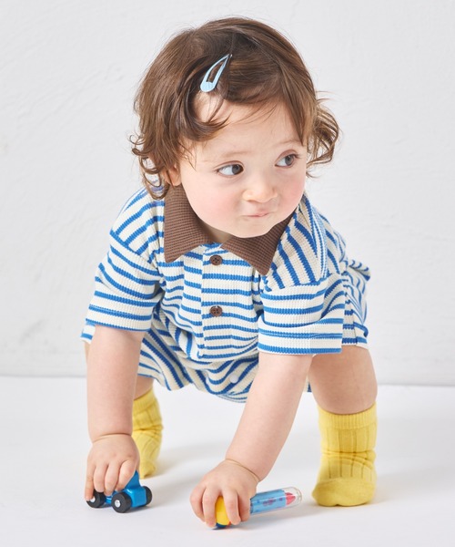 pairmanon（ペアマノン）の「【リンクコーデ】【さらっとワッフル】【ベビー】ボーダー ポロ 半袖ロンパース（ロンパース・キッズ・ブルー/ピンク/アイボリー・80/70）」の9枚目の写真