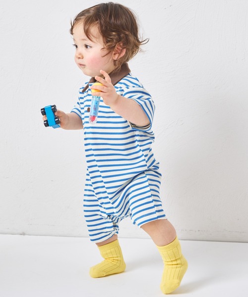 pairmanon（ペアマノン）の「【リンクコーデ】【さらっとワッフル】【ベビー】ボーダー ポロ 半袖ロンパース（ロンパース・キッズ・ブルー/ピンク/アイボリー・80/70）」の10枚目の写真