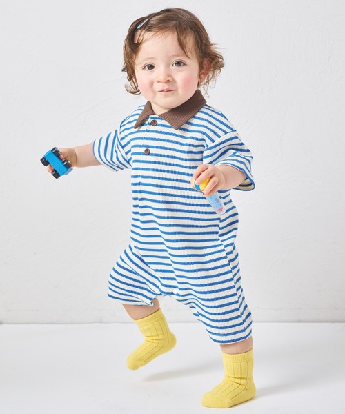 pairmanon（ペアマノン）の「【リンクコーデ】【さらっとワッフル】【ベビー】ボーダー ポロ 半袖ロンパース（ロンパース・キッズ・ブルー/ピンク/アイボリー・80/70）」の11枚目の写真