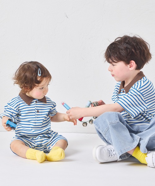 pairmanon（ペアマノン）の「【リンクコーデ】【さらっとワッフル】【ベビー】ボーダー ポロ 半袖ロンパース（ロンパース・キッズ・ブルー/ピンク/アイボリー・80/70）」の13枚目の写真