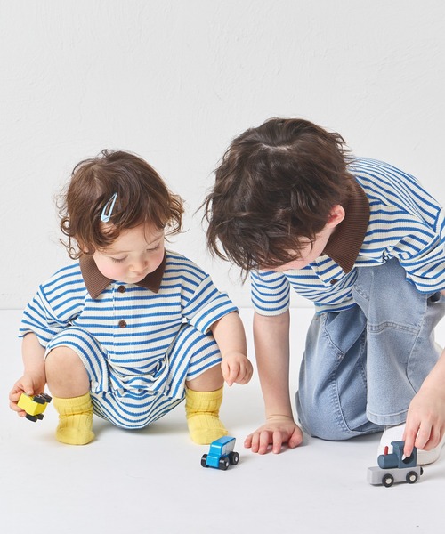 pairmanon（ペアマノン）の「【リンクコーデ】【さらっとワッフル】【ベビー】ボーダー ポロ 半袖ロンパース（ロンパース・キッズ・ブルー/ピンク/アイボリー・80/70）」の14枚目の写真