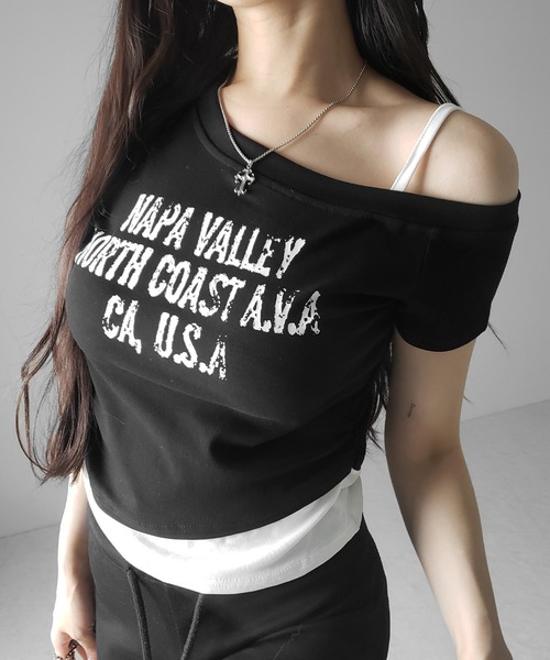 me+em select(ミームセレクト)の「【 2color 】ヴィンテージロゴワンショルレイヤードTシャツ / vintage logo one-shoulder layered T-shirt ※※(Tシャツ/カットソー・レディース・ブラック/ホワイト・FREE)」の12枚目の写真