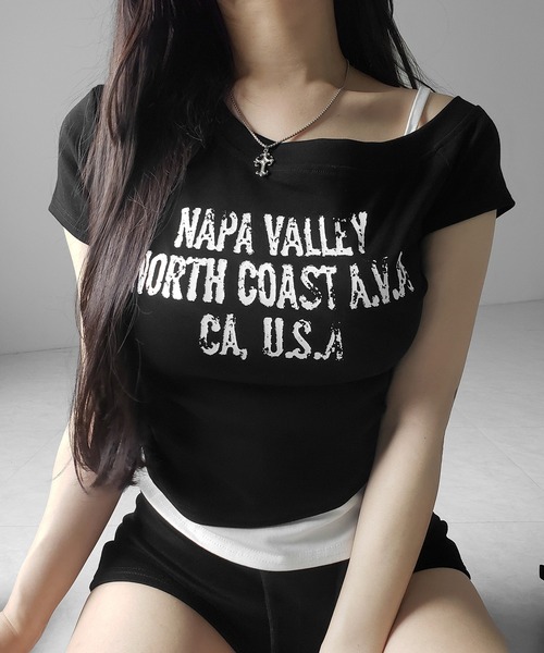 me+em select(ミームセレクト)の「【 2color 】ヴィンテージロゴワンショルレイヤードTシャツ / vintage logo one-shoulder layered T-shirt ※※(Tシャツ/カットソー・レディース・ブラック/ホワイト・FREE)」の7枚目の写真