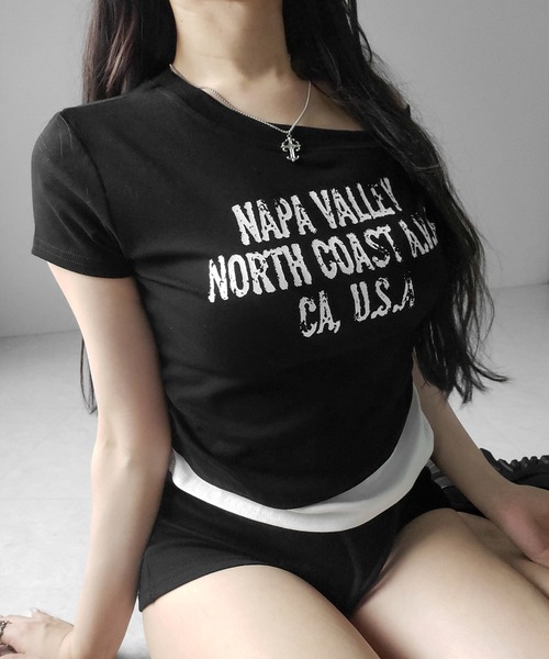 me+em select(ミームセレクト)の「【 2color 】ヴィンテージロゴワンショルレイヤードTシャツ / vintage logo one-shoulder layered T-shirt ※※(Tシャツ/カットソー・レディース・ブラック/ホワイト・FREE)」の9枚目の写真
