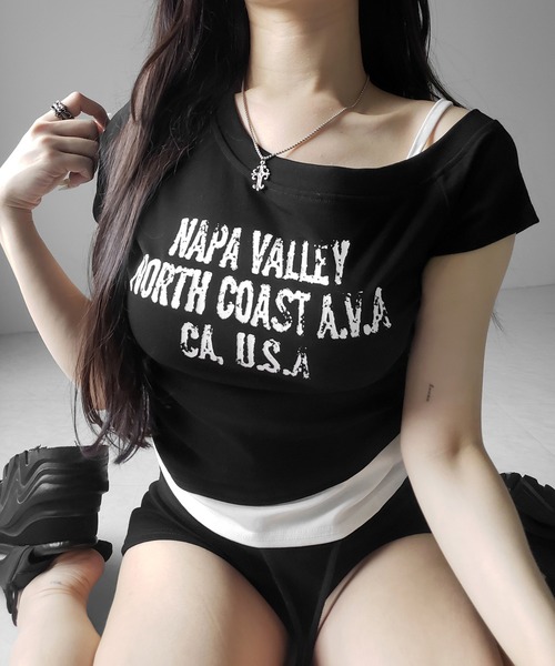 me+em select(ミームセレクト)の「【 2color 】ヴィンテージロゴワンショルレイヤードTシャツ / vintage logo one-shoulder layered T-shirt ※※(Tシャツ/カットソー・レディース・ブラック/ホワイト・FREE)」の8枚目の写真