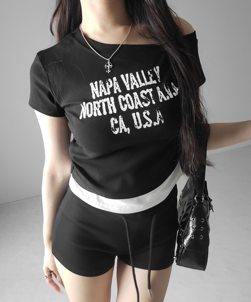 me+em select(ミームセレクト)の「【 2color 】ヴィンテージロゴワンショルレイヤードTシャツ / vintage logo one-shoulder layered T-shirt ※※(Tシャツ/カットソー・レディース・ブラック/ホワイト・FREE)」の14枚目の写真