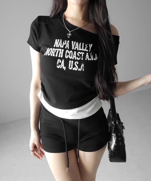 me+em select(ミームセレクト)の「【 2color 】ヴィンテージロゴワンショルレイヤードTシャツ / vintage logo one-shoulder layered T-shirt ※※(Tシャツ/カットソー・レディース・ブラック/ホワイト・FREE)」の16枚目の写真