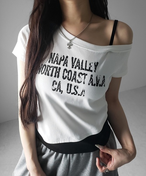 me+em select(ミームセレクト)の「【 2color 】ヴィンテージロゴワンショルレイヤードTシャツ / vintage logo one-shoulder layered T-shirt ※※(Tシャツ/カットソー・レディース・ブラック/ホワイト・FREE)」の22枚目の写真