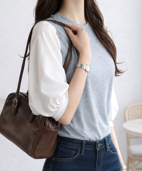Dewlily(デューリリー)の「複数持ちしたくなるデザイン性 異素材ミックスバルーンスリーブカットソー(Tシャツ/カットソー・レディース・グレー/ブラック系その他/ブラック/ネイビー・S/L/M)」の3枚目の写真