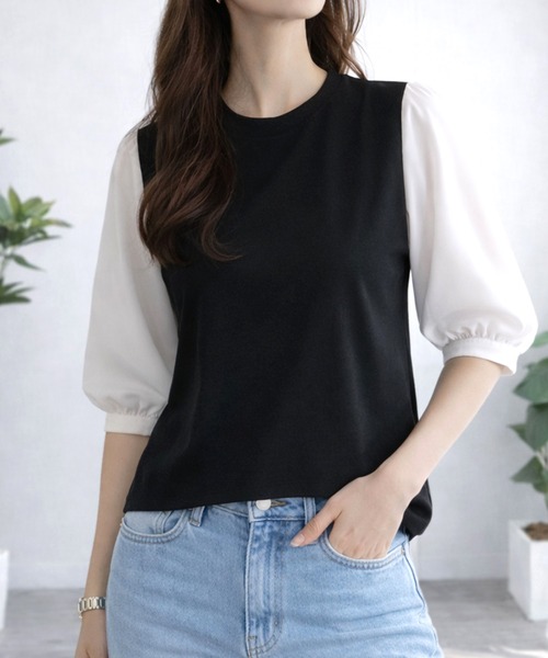 Dewlily(デューリリー)の「複数持ちしたくなるデザイン性 異素材ミックスバルーンスリーブカットソー(Tシャツ/カットソー・レディース・グレー/ブラック系その他/ブラック/ネイビー・S/L/M)」の2枚目の写真