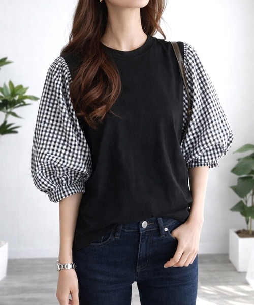 Dewlily(デューリリー)の「複数持ちしたくなるデザイン性 異素材ミックスバルーンスリーブカットソー(Tシャツ/カットソー・レディース・グレー/ブラック系その他/ブラック/ネイビー・S/L/M)」の5枚目の写真