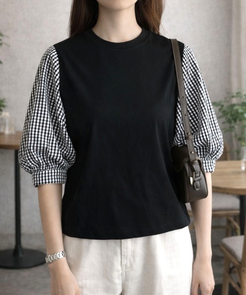 Dewlily(デューリリー)の「複数持ちしたくなるデザイン性 異素材ミックスバルーンスリーブカットソー(Tシャツ/カットソー・レディース・グレー/ブラック系その他/ブラック/ネイビー・S/L/M)」の6枚目の写真