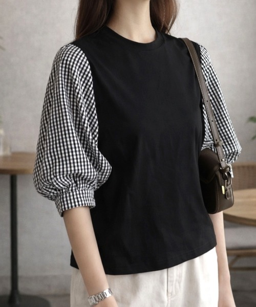 Dewlily(デューリリー)の「複数持ちしたくなるデザイン性 異素材ミックスバルーンスリーブカットソー(Tシャツ/カットソー・レディース・グレー/ブラック系その他/ブラック/ネイビー・S/L/M)」の7枚目の写真