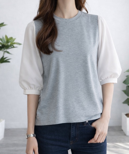 Dewlily(デューリリー)の「複数持ちしたくなるデザイン性 異素材ミックスバルーンスリーブカットソー(Tシャツ/カットソー・レディース・グレー/ブラック系その他/ブラック/ネイビー・S/L/M)」の10枚目の写真