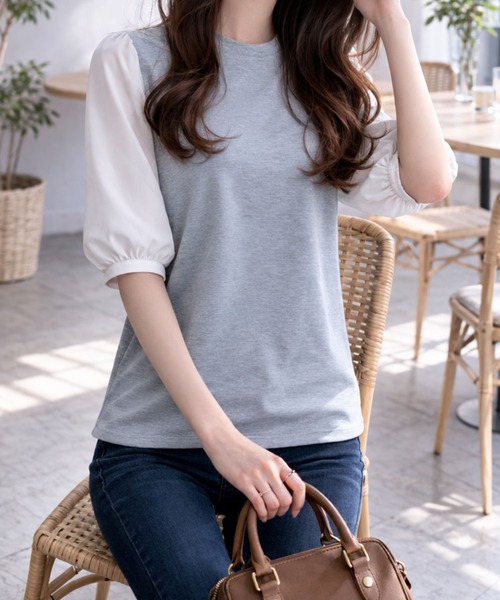 Dewlily(デューリリー)の「複数持ちしたくなるデザイン性 異素材ミックスバルーンスリーブカットソー(Tシャツ/カットソー・レディース・グレー/ブラック系その他/ブラック/ネイビー・S/L/M)」の11枚目の写真