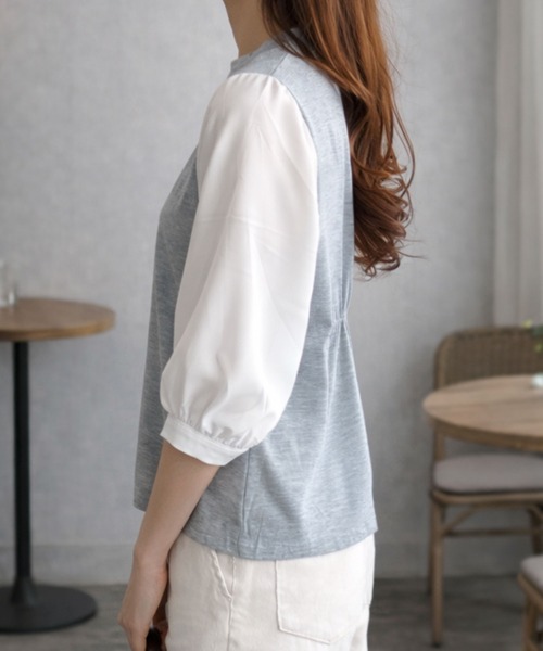 Dewlily(デューリリー)の「複数持ちしたくなるデザイン性 異素材ミックスバルーンスリーブカットソー(Tシャツ/カットソー・レディース・グレー/ブラック系その他/ブラック/ネイビー・S/L/M)」の13枚目の写真