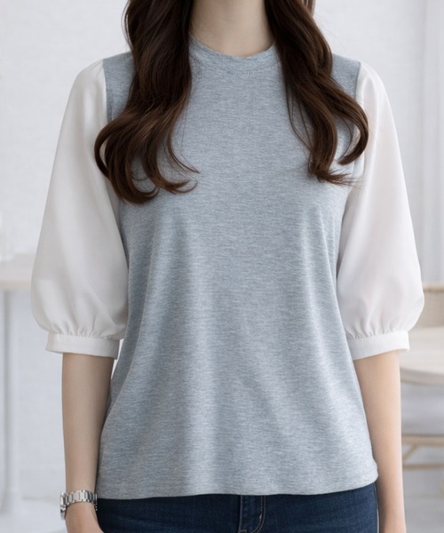 Dewlily(デューリリー)の「複数持ちしたくなるデザイン性 異素材ミックスバルーンスリーブカットソー(Tシャツ/カットソー・レディース・グレー/ブラック系その他/ブラック/ネイビー・S/L/M)」の14枚目の写真
