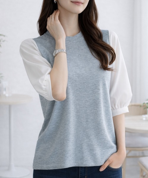 Dewlily(デューリリー)の「複数持ちしたくなるデザイン性 異素材ミックスバルーンスリーブカットソー(Tシャツ/カットソー・レディース・グレー/ブラック系その他/ブラック/ネイビー・S/L/M)」の15枚目の写真