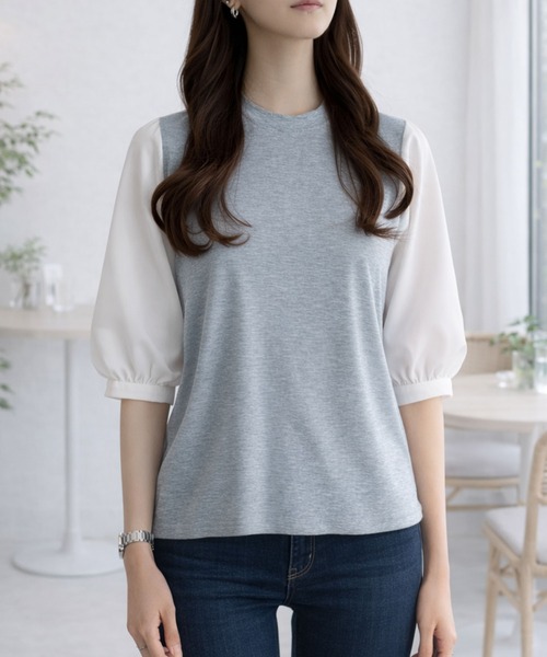 Dewlily(デューリリー)の「複数持ちしたくなるデザイン性 異素材ミックスバルーンスリーブカットソー(Tシャツ/カットソー・レディース・グレー/ブラック系その他/ブラック/ネイビー・S/L/M)」の16枚目の写真