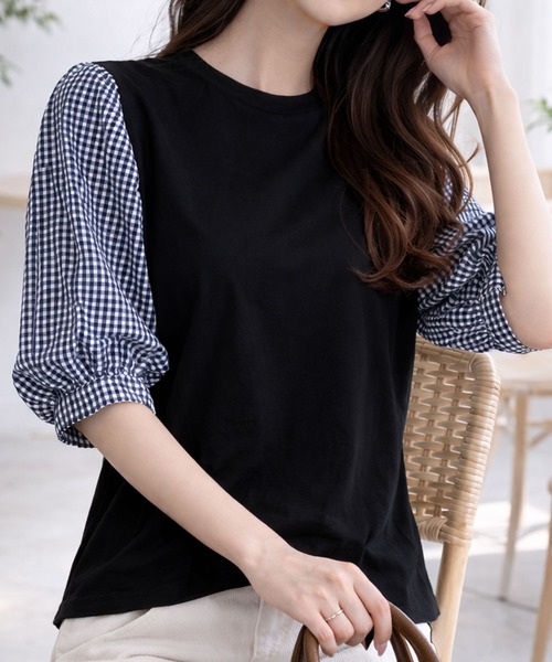 Dewlily(デューリリー)の「複数持ちしたくなるデザイン性 異素材ミックスバルーンスリーブカットソー(Tシャツ/カットソー・レディース・グレー/ブラック系その他/ブラック/ネイビー・S/L/M)」の17枚目の写真