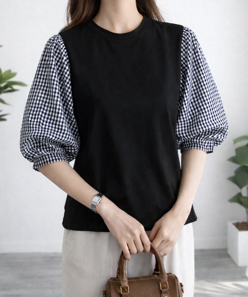 Dewlily(デューリリー)の「複数持ちしたくなるデザイン性 異素材ミックスバルーンスリーブカットソー(Tシャツ/カットソー・レディース・グレー/ブラック系その他/ブラック/ネイビー・S/L/M)」の18枚目の写真