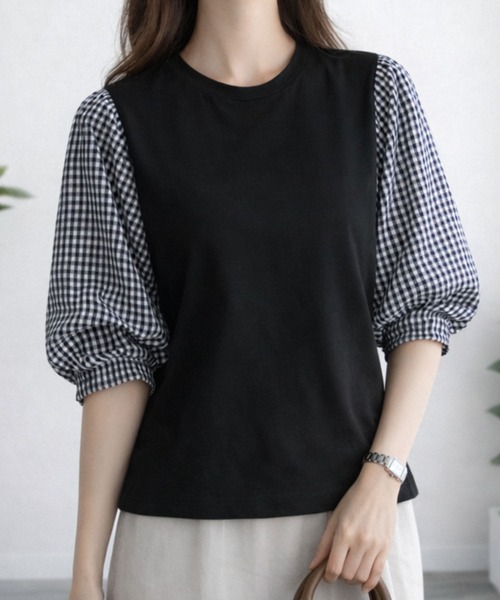 Dewlily(デューリリー)の「複数持ちしたくなるデザイン性 異素材ミックスバルーンスリーブカットソー(Tシャツ/カットソー・レディース・グレー/ブラック系その他/ブラック/ネイビー・S/L/M)」の19枚目の写真
