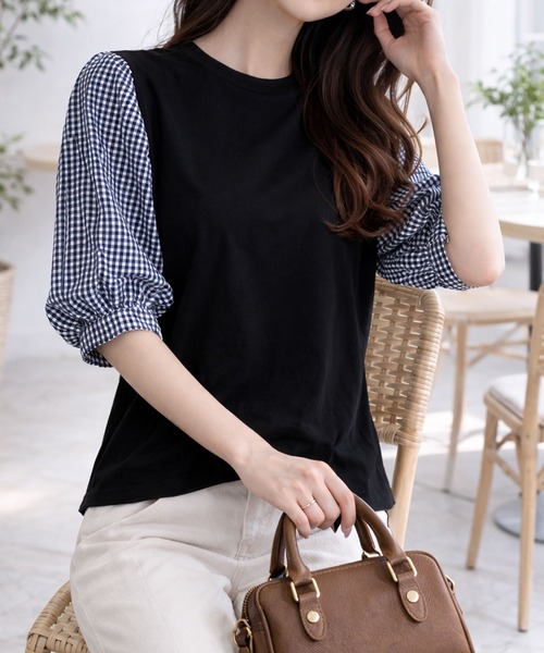 Dewlily(デューリリー)の「複数持ちしたくなるデザイン性 異素材ミックスバルーンスリーブカットソー(Tシャツ/カットソー・レディース・グレー/ブラック系その他/ブラック/ネイビー・S/L/M)」の20枚目の写真