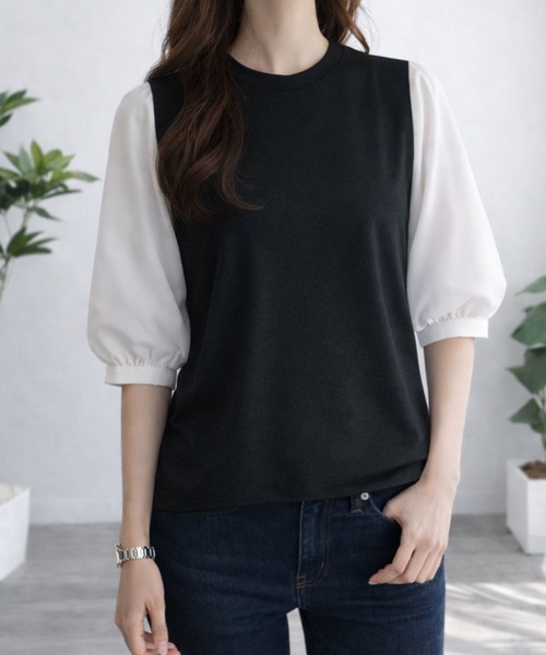 Dewlily(デューリリー)の「複数持ちしたくなるデザイン性 異素材ミックスバルーンスリーブカットソー(Tシャツ/カットソー・レディース・グレー/ブラック系その他/ブラック/ネイビー・S/L/M)」の21枚目の写真