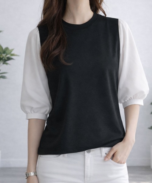 Dewlily(デューリリー)の「複数持ちしたくなるデザイン性 異素材ミックスバルーンスリーブカットソー(Tシャツ/カットソー・レディース・グレー/ブラック系その他/ブラック/ネイビー・S/L/M)」の22枚目の写真