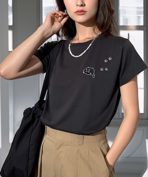 Candlestick(キャンドルスティック)の「フットスタンプネコ刺繍 コンパクトTシャツ(Tシャツ/カットソー・レディース・ホワイト/ブラック/スミクロ・FREE)」の10枚目の写真