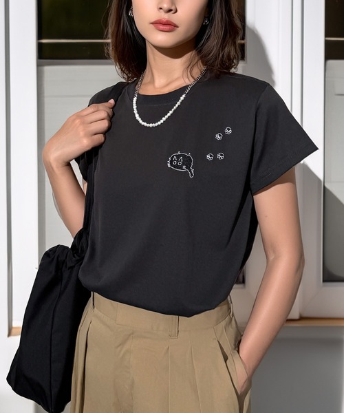 Candlestick(キャンドルスティック)の「フットスタンプネコ刺繍 コンパクトTシャツ(Tシャツ/カットソー・レディース・ホワイト/ブラック/スミクロ・FREE)」の17枚目の写真