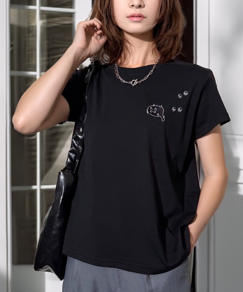 Candlestick(キャンドルスティック)の「フットスタンプネコ刺繍 コンパクトTシャツ(Tシャツ/カットソー・レディース・ホワイト/ブラック/スミクロ・FREE)」の16枚目の写真