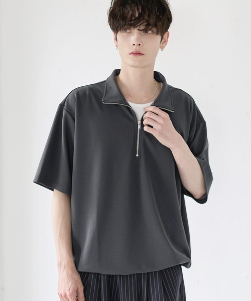 ETELIO（エテリオ）の「【26SS】梨地ハーフジップドローコードTシャツ（Tシャツ/カットソー・メンズ・チャコール/ネイビー/ホワイト/ブラック/ブルーグリーン/ワイン・S/M/L/XL）」の3枚目の写真