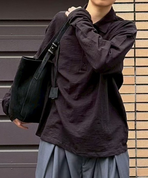 Chikashitsu +(チカシツプラス)の「【Chikashitsu +】sheer cotton polo long sleeve / 【チカシツプラス】シアーコットン長袖ポロシャツ<着用動画あり>(ポロシャツ・メンズ・チャコール/ホワイト/ブラック・ONE SIZE)」の13枚目の写真