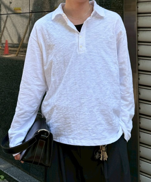 Chikashitsu +(チカシツプラス)の「【Chikashitsu +】sheer cotton polo long sleeve / 【チカシツプラス】シアーコットン長袖ポロシャツ<着用動画あり>(ポロシャツ・メンズ・チャコール/ホワイト/ブラック・ONE SIZE)」の8枚目の写真