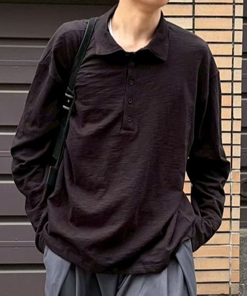 Chikashitsu +(チカシツプラス)の「【Chikashitsu +】sheer cotton polo long sleeve / 【チカシツプラス】シアーコットン長袖ポロシャツ<着用動画あり>(ポロシャツ・メンズ・チャコール/ホワイト/ブラック・ONE SIZE)」の12枚目の写真