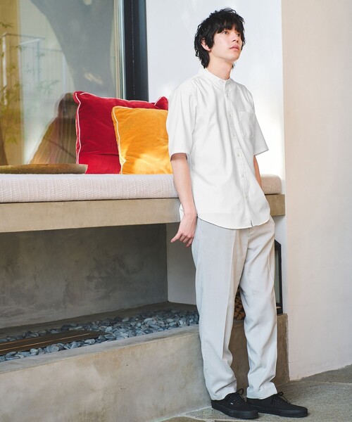 green label relaxing（グリーンレーベルリラクシング）の「W/R オックスフォード ストライプ バンドカラー 半袖 シャツ（シャツ/ブラウス・メンズ・ライトグレー/ホワイト/ダークブラウン/ライトブルー・L/S/XL/M）」の6枚目の写真