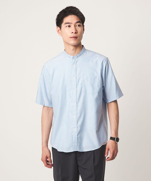 green label relaxing（グリーンレーベルリラクシング）の「W/R オックスフォード ストライプ バンドカラー 半袖 シャツ（シャツ/ブラウス・メンズ・ライトグレー/ホワイト/ダークブラウン/ライトブルー・L/S/XL/M）」の8枚目の写真