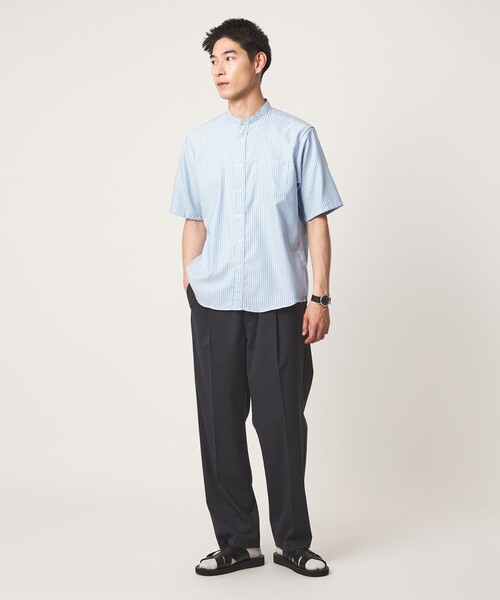 green label relaxing（グリーンレーベルリラクシング）の「W/R オックスフォード ストライプ バンドカラー 半袖 シャツ（シャツ/ブラウス・メンズ・ライトグレー/ホワイト/ダークブラウン/ライトブルー・L/S/XL/M）」の9枚目の写真