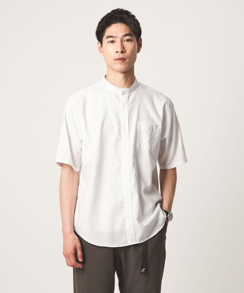 green label relaxing（グリーンレーベルリラクシング）の「W/R オックスフォード ストライプ バンドカラー 半袖 シャツ（シャツ/ブラウス・メンズ・ライトグレー/ホワイト/ダークブラウン/ライトブルー・L/S/XL/M）」の10枚目の写真