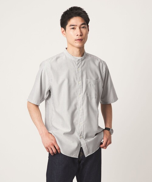 green label relaxing（グリーンレーベルリラクシング）の「W/R オックスフォード ストライプ バンドカラー 半袖 シャツ（シャツ/ブラウス・メンズ・ライトグレー/ホワイト/ダークブラウン/ライトブルー・L/S/XL/M）」の13枚目の写真