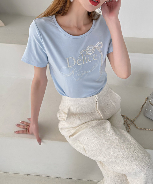 ROYAL PARTY(ロイヤルパーティー)の「ロゴ刺しゅうレースリボンTシャツ(Tシャツ/カットソー・レディース・ネイビー/ブルー/オフホワイト・FREE)」の1枚目の写真